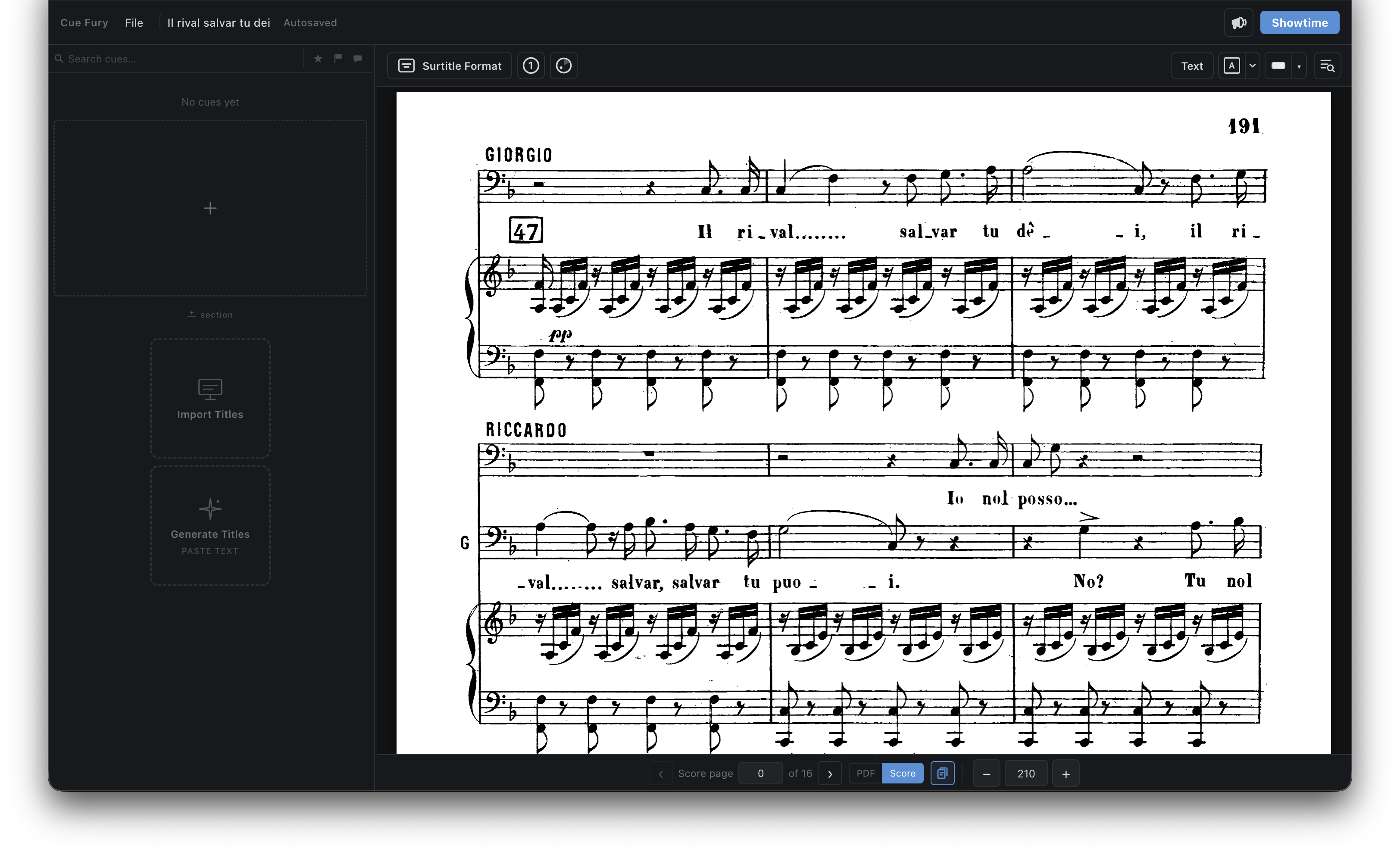 Cue Fury workspace with an imported music score.