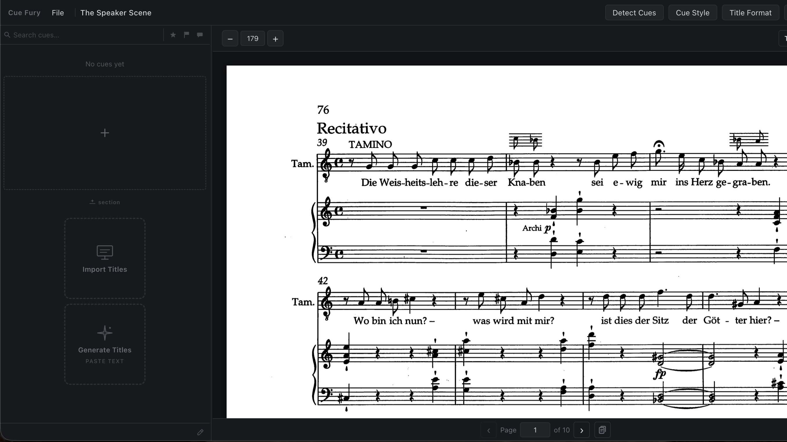 Cue Fury workspace showing a music score PDF ready for score-native surtitles.