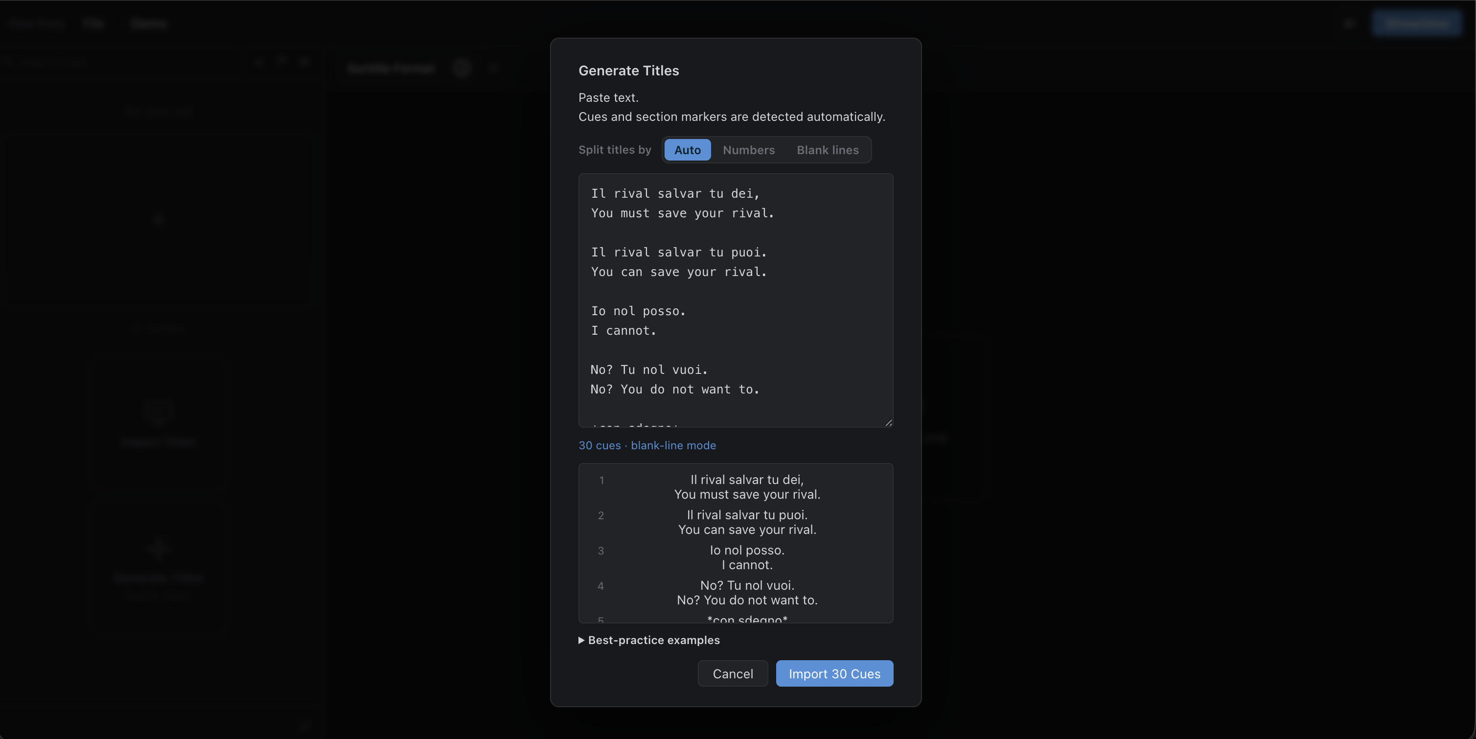 Cue Fury Generate Titles dialog with pasted text ready to turn into editable surtitles.