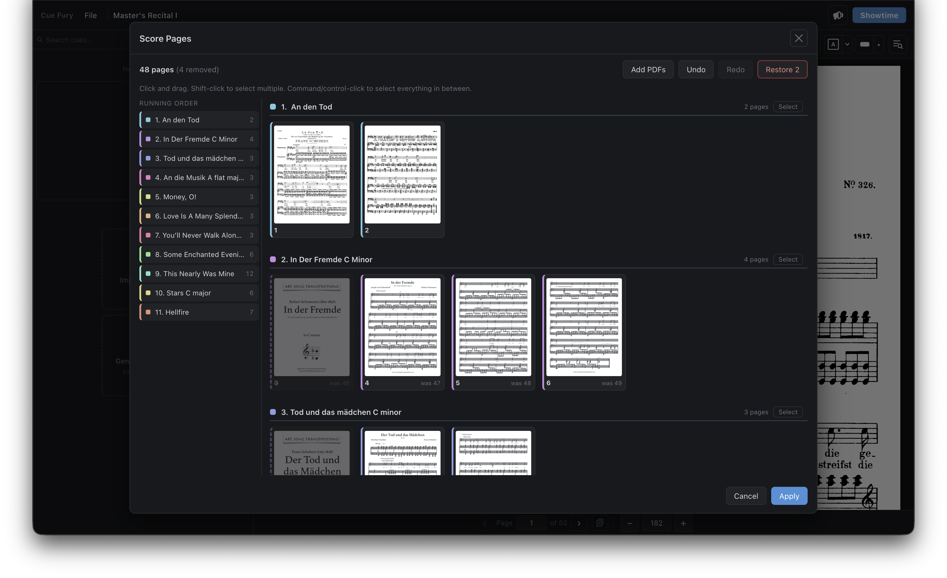 Cue Fury interface for combining and rearranging multiple music score PDFs.