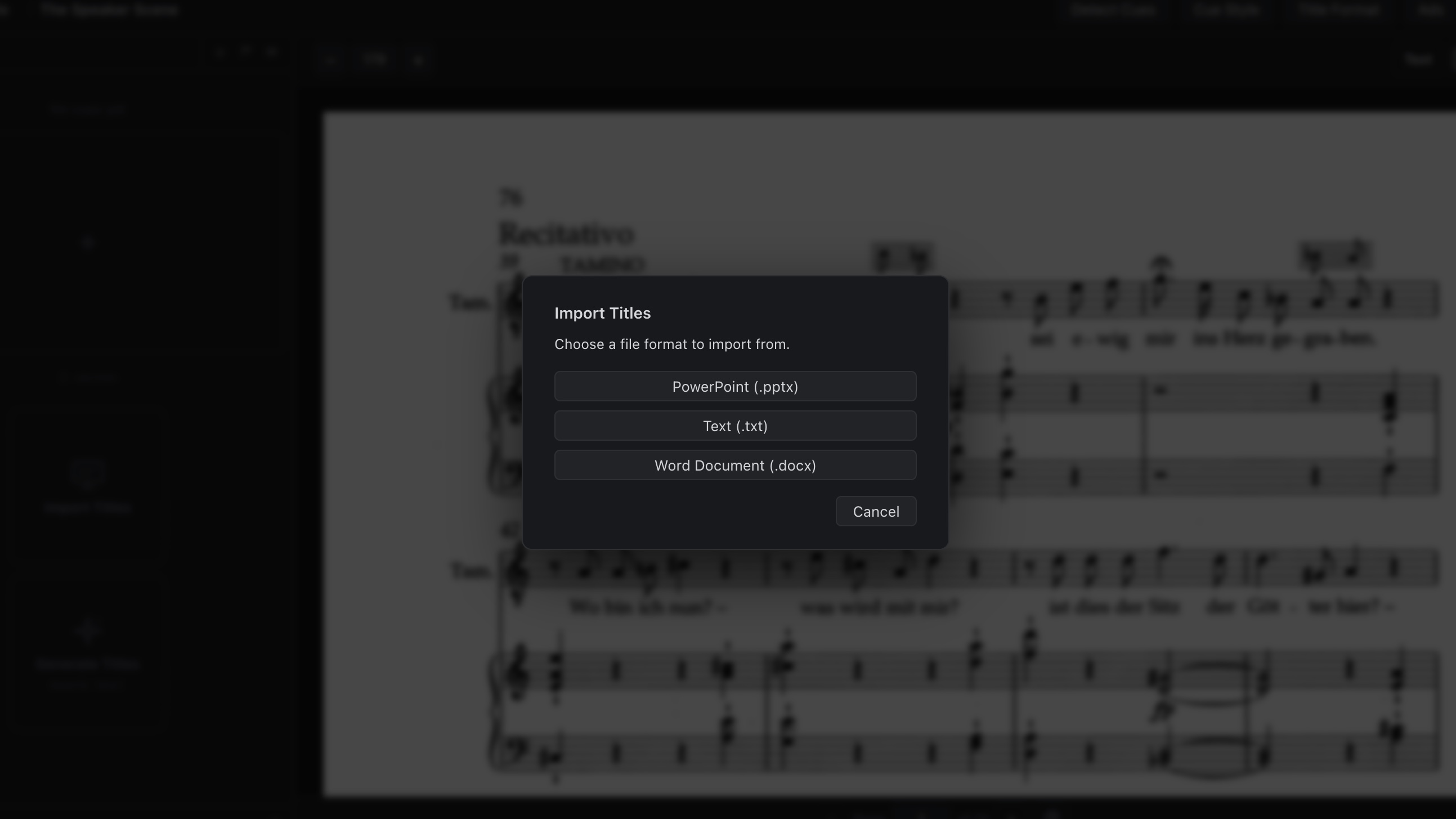 Cue Fury Import Titles dialog showing PowerPoint and Word document import choices over the score.