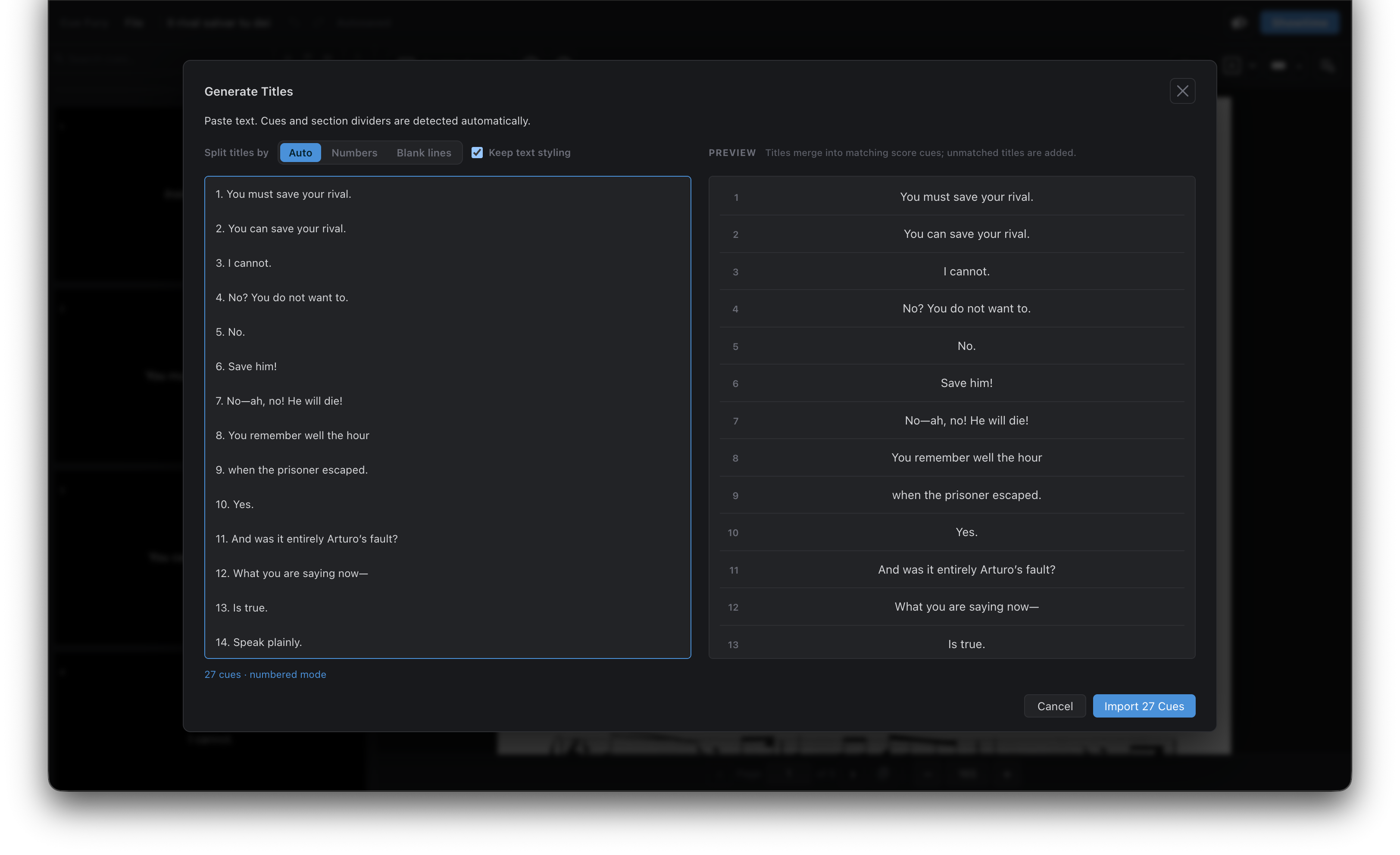 Cue Fury interface for creating surtitles from pasted text.