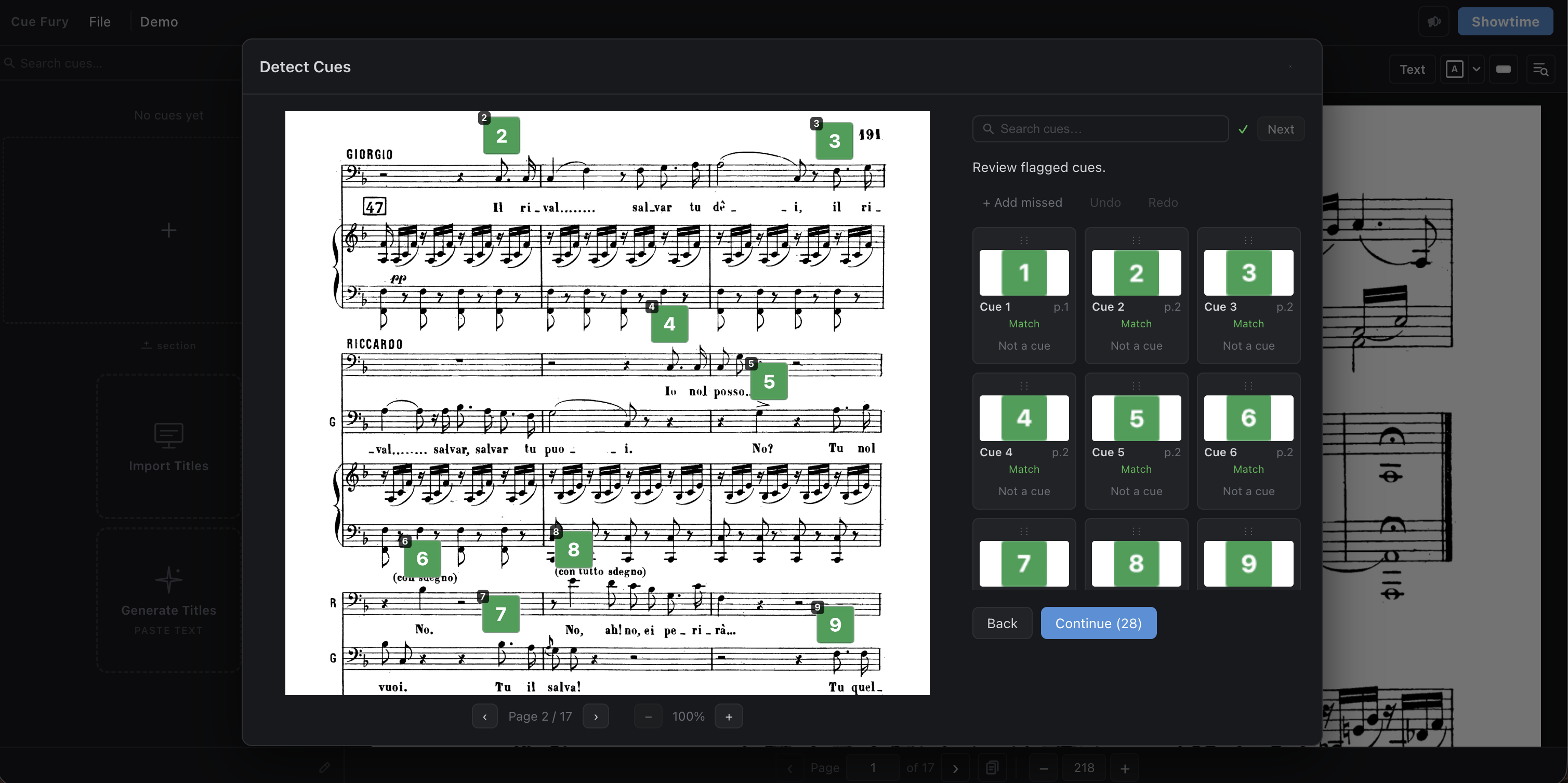 Cue Fury Detect Cues dialog reviewing automatically detected cue markers in a music score PDF.