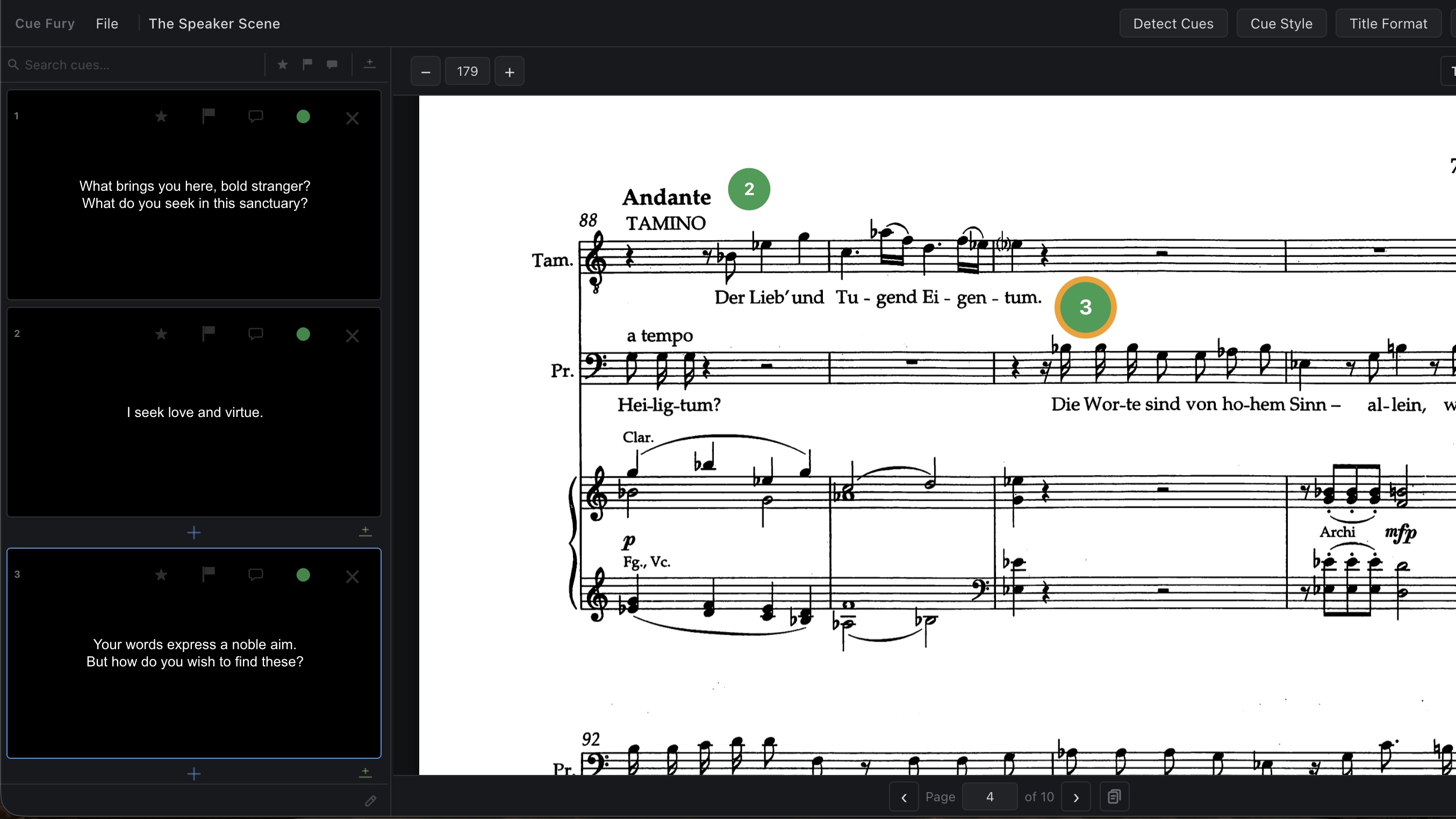 Cue Fury score workspace with editable surtitle cue cards linked to cue markers in the score.