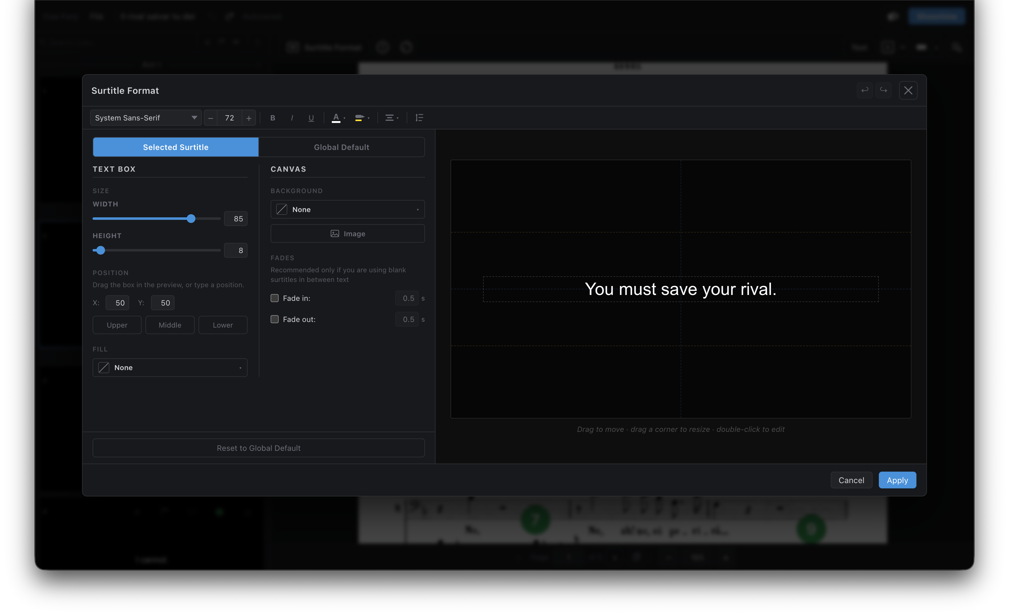 Cue Fury workspace for formatting and repositioning surtitles.