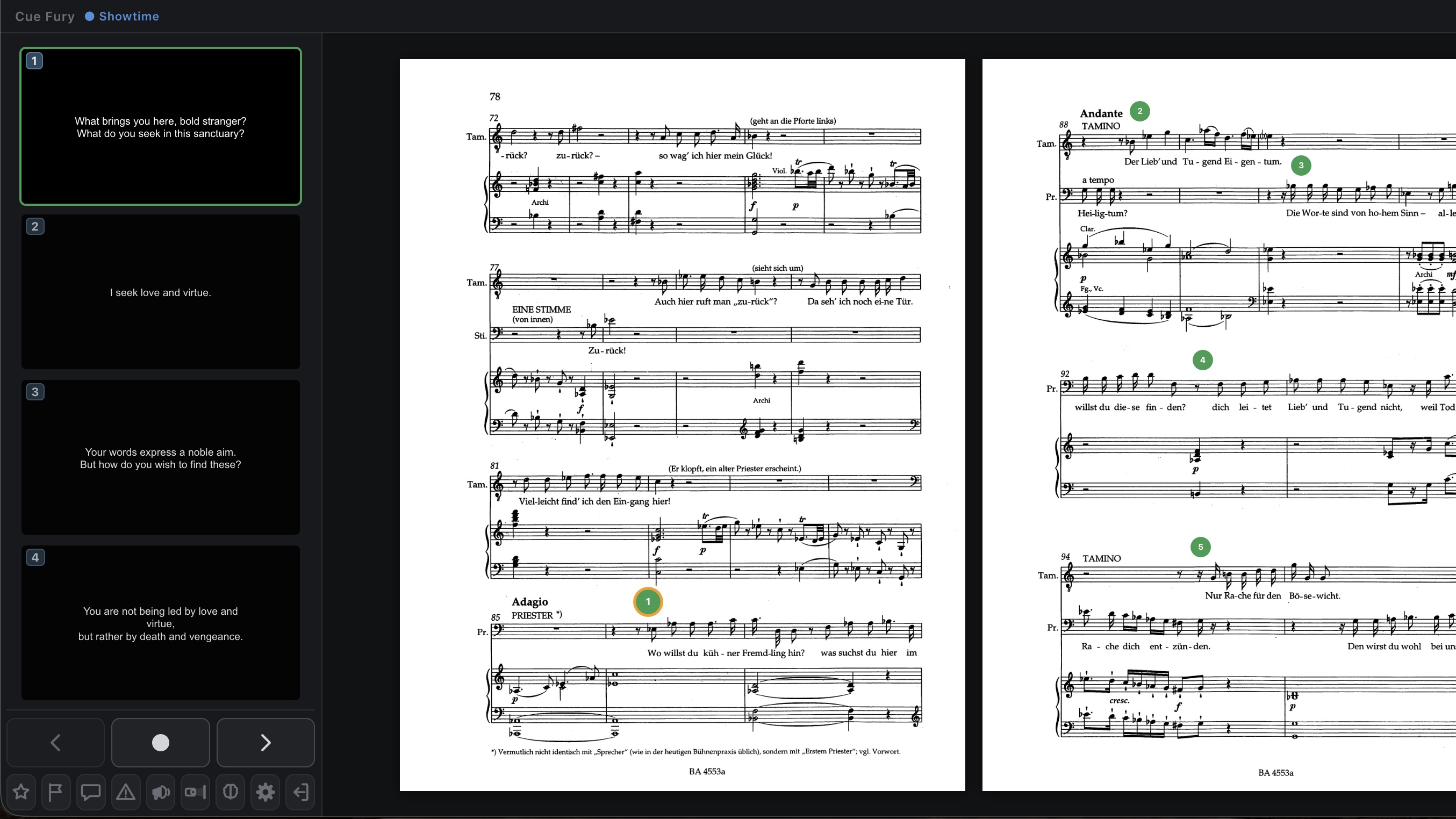 Cue Fury Showtime view with a cue deck beside score pages and active cue markers.