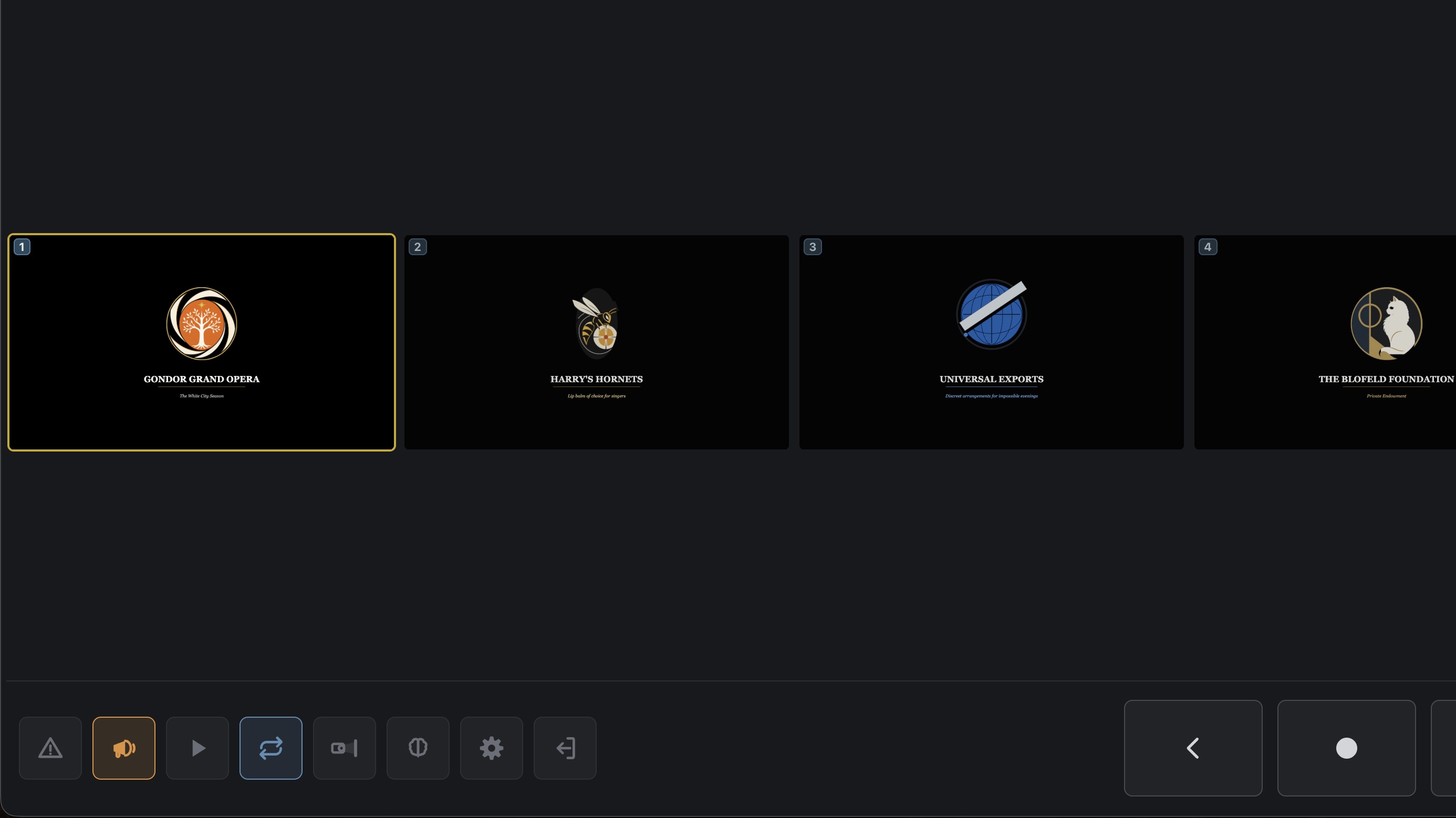 Cue Fury Showtime ad mode showing selectable house content slides and playback controls.