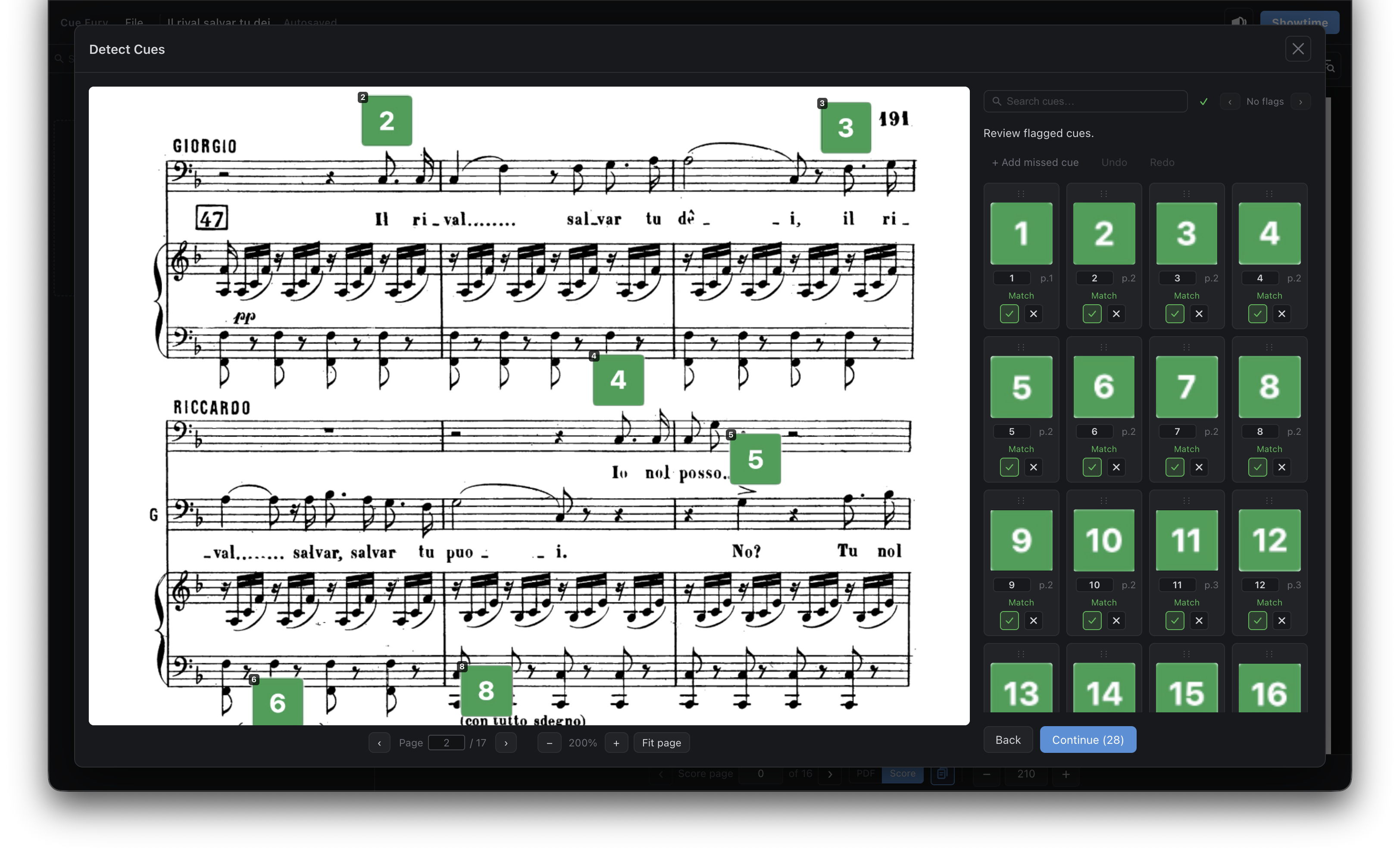 Cue Fury auto-detection interface for importing cues from a PDF.