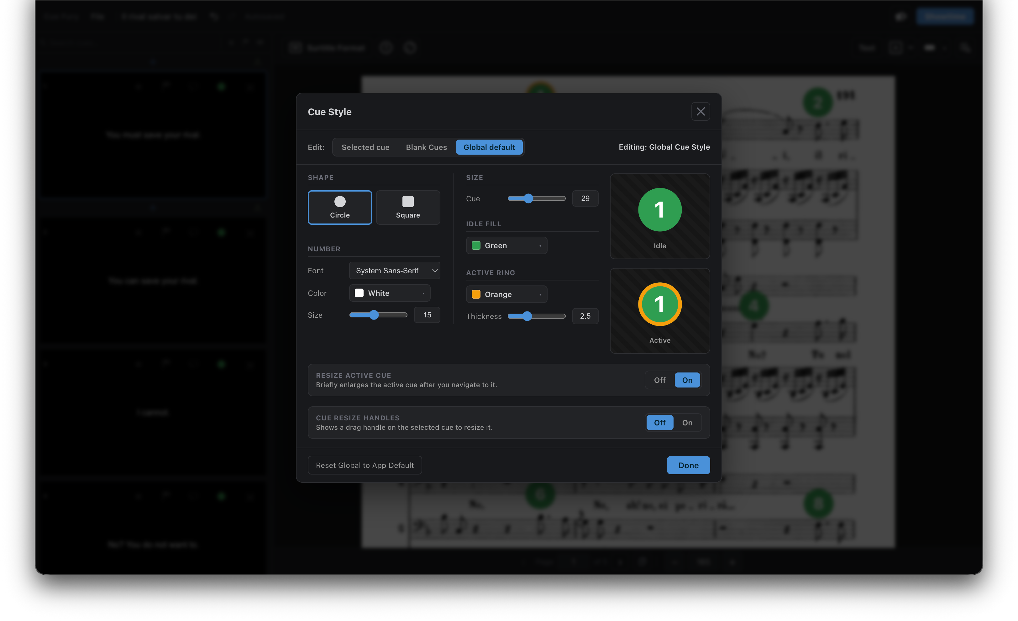 Cue Fury controls for customizing the appearance of cues.