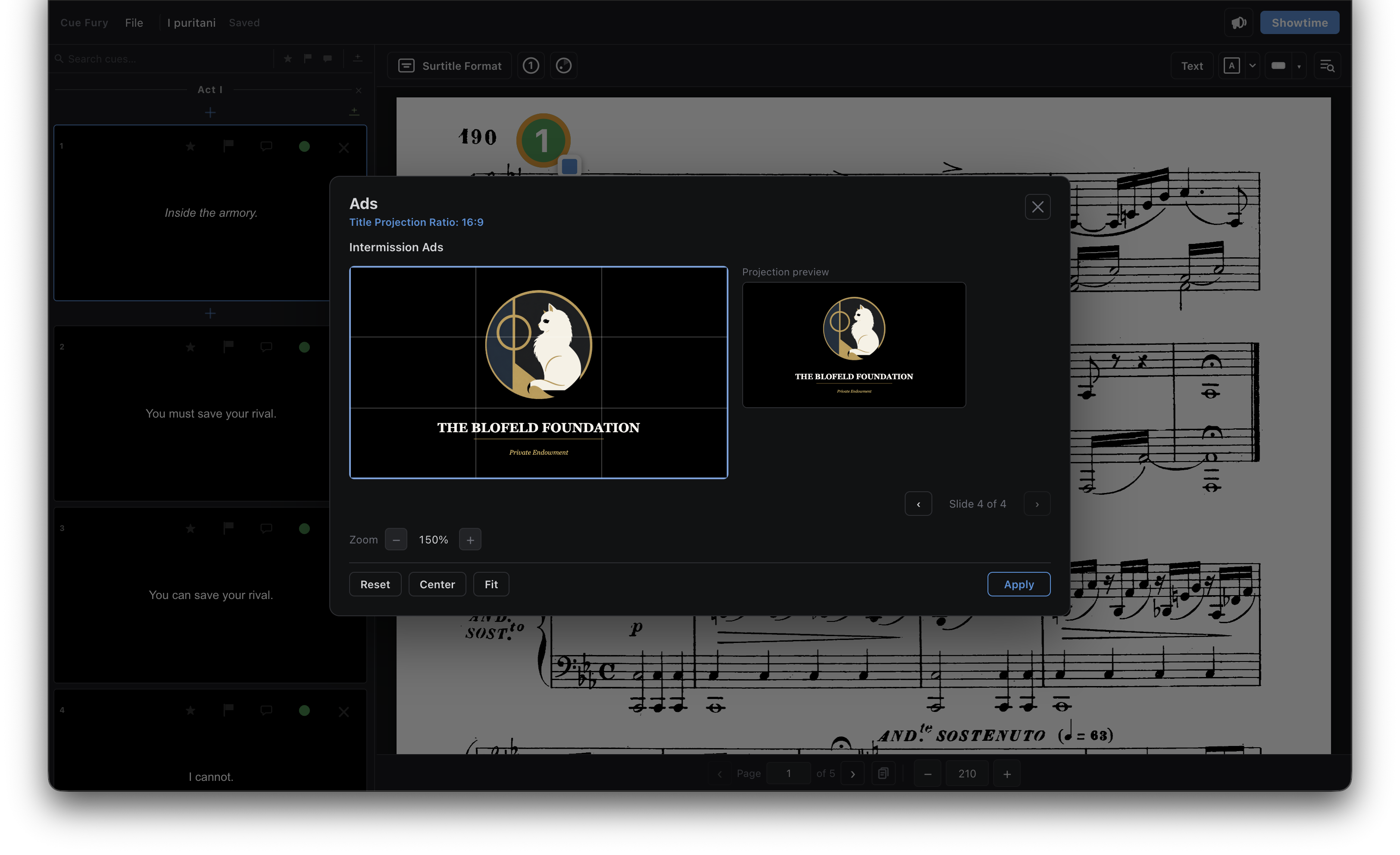 Cue Fury interface for running advertisements before a show or during intermission.